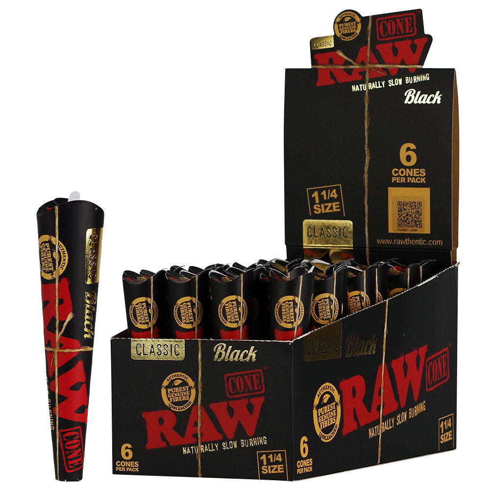 RAW BLACK CLASSIC CONES 1 1/4 SIZE (6PK) (32CT DISPLAY)