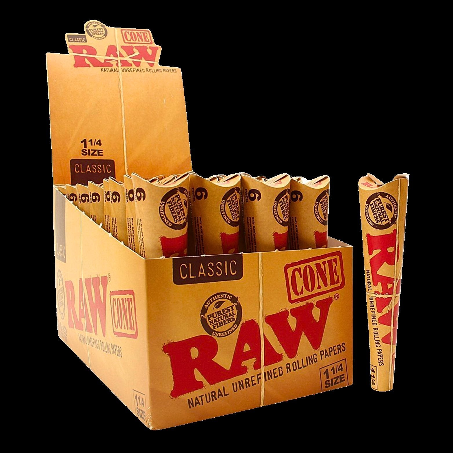 RAW Classic Unrefined 1 1/4 Cones 6pk 32ct Display